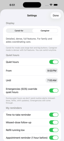 Reminder + quiet-hours settings