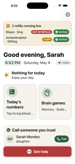 Cared-for home with brain games and Get help button